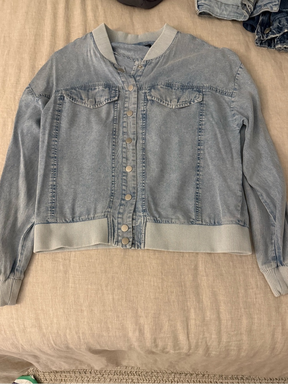 Central Park West Light Blue Denim Bomber Jacket